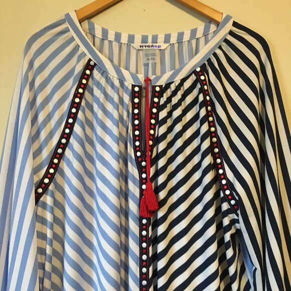 NWT Nygard Missy Indigo & Red Harlequin Striped Tassled Tunic Blouse - Picture 3 of 16